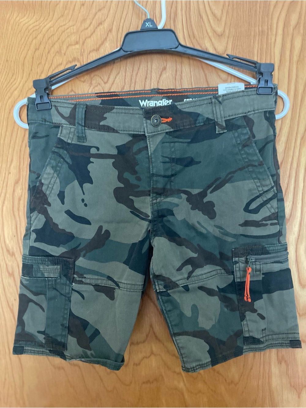 Wrangler Camo Cargo Shorts in Olive Green with Orange Accents
